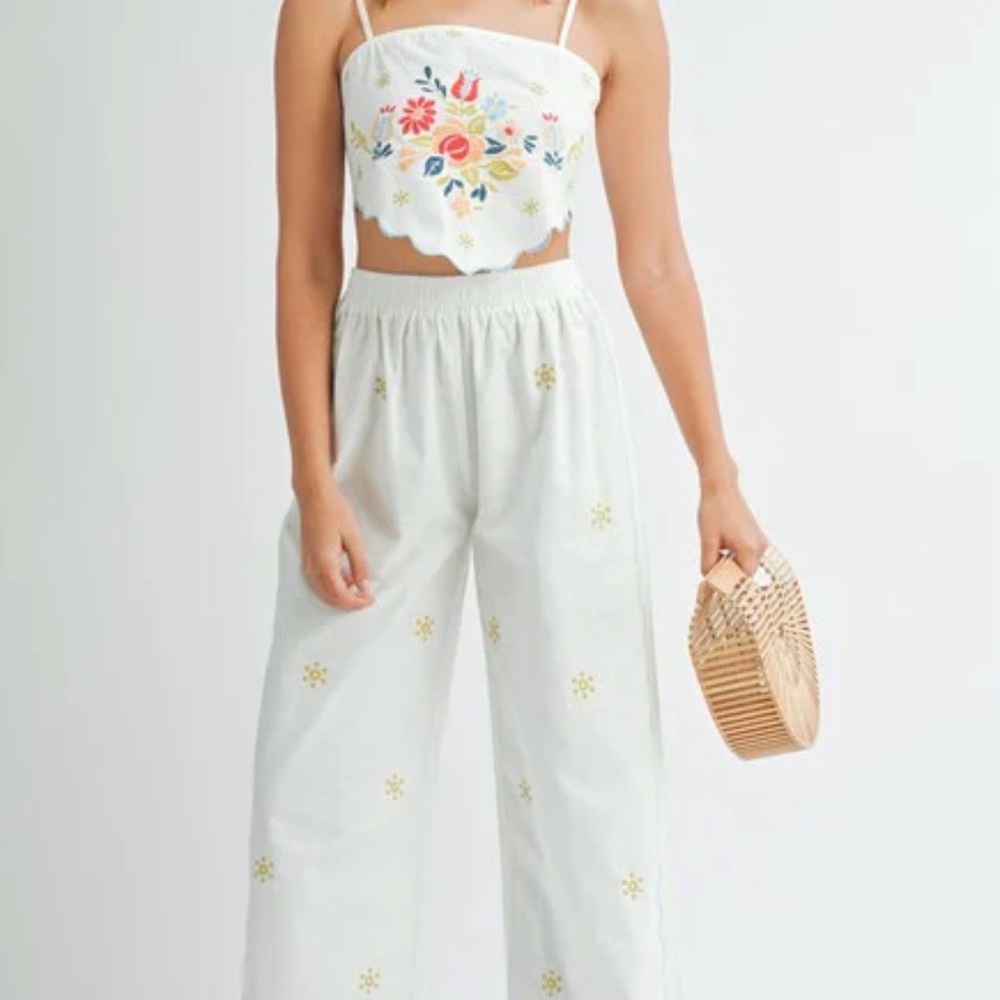 Mable Embroidered Floral Crop Top & Embroidered Pants Matching Set